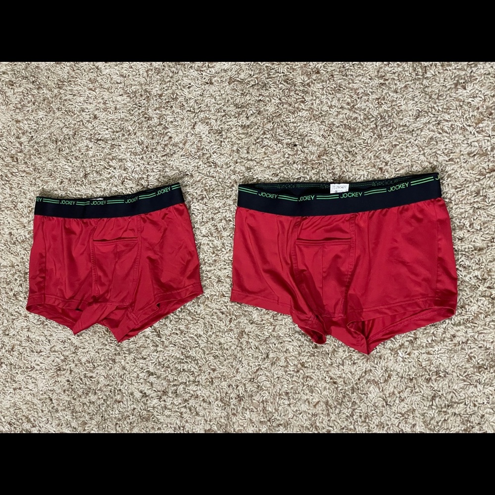 Two red medium Jockey trunks